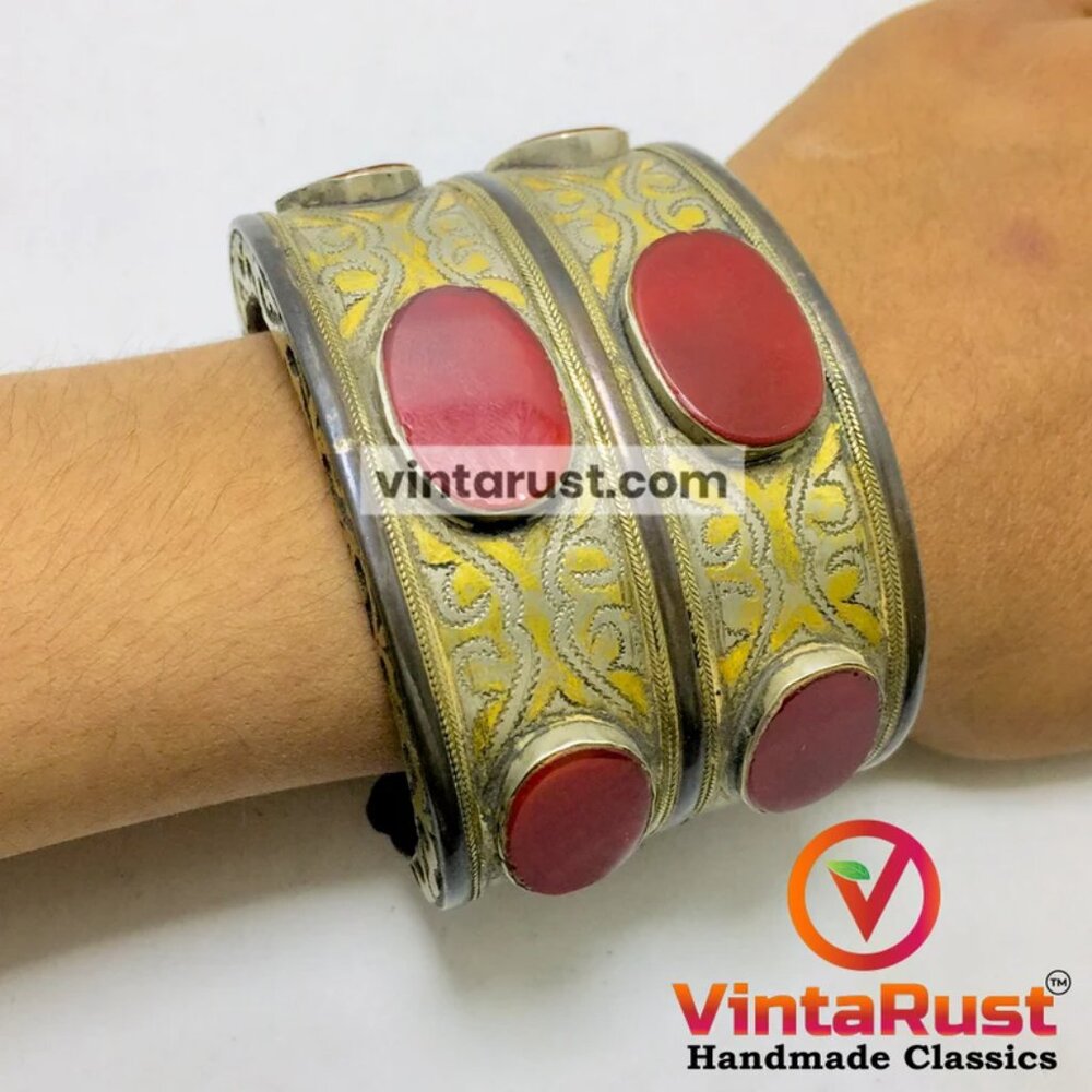 Single Vintage Kuchi Cuff: Tribal Turkmen Bracelet with Coral Stones